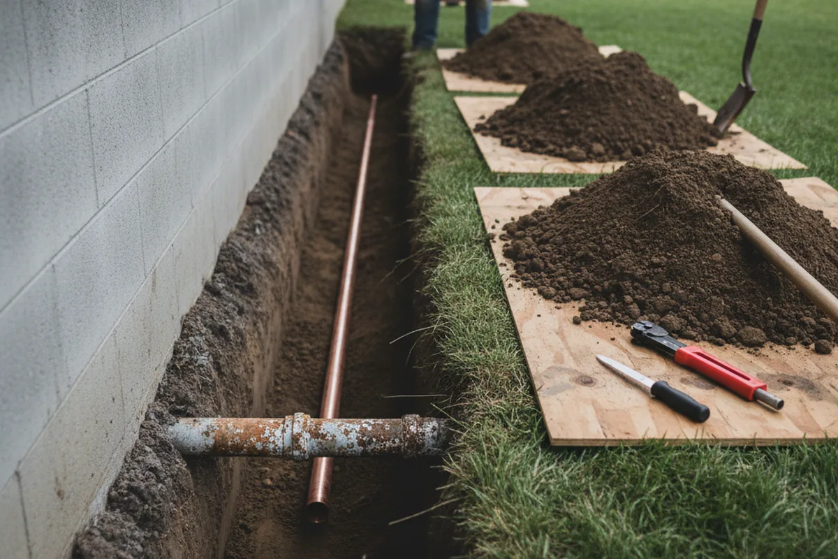 Excavated water line trench during Sewer Line Repair in Armbrust